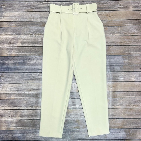 Zara Pants - Zara Ecru Ivory High Waisted Tapered Pleated Belted Dress Pants Medium NWT
